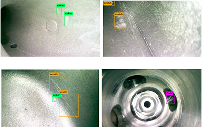 AI智能識別系統(tǒng)內(nèi)窺鏡損傷自動識別示例：裂縫、缺損、腐蝕、嚴(yán)重積碳、凹陷等