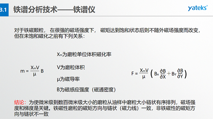 鐵譜儀中顆粒的沉積過程：含有磨粒的油樣流經(jīng)磁場時，磨粒受到重力、 液體浮力、 磁場力和顆粒 下落過程中所受油液粘滯阻力的聯(lián)合作用。  重力和浮力的合力同磁場力相比是很小的，可以忽略不計，在磨粒的沉積過程中，磁場力和粘滯阻力起著決定性的作用。