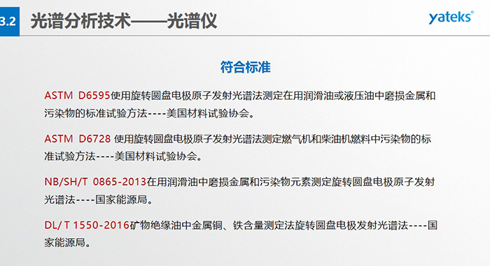 ASTM D6595使用旋轉圓盤電極原子發射光譜法測定在用潤滑油或液壓油中磨損金屬和污染物的標準試驗方法----美國材料試驗協會。   ASTM D6728 使用旋轉圓盤電極原子發射光譜法測定燃氣機和柴油機燃料中污染物的標準試驗方法----美國材料試驗協會。   NB/SH/T 0865-2013在用潤滑油中磨損金屬和污染物元素測定旋轉圓盤電極原子發射光譜法----國家能源局。   DL/ T 1550-2016礦物絕緣油中金屬銅、鐵含量測定法旋轉圓盤電極發射光譜法----國家能源局。
